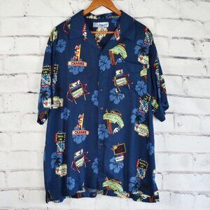 Vintage 90s Utility Rayon Navy Blue Hawaiian Floral Print Button Up Shirt L